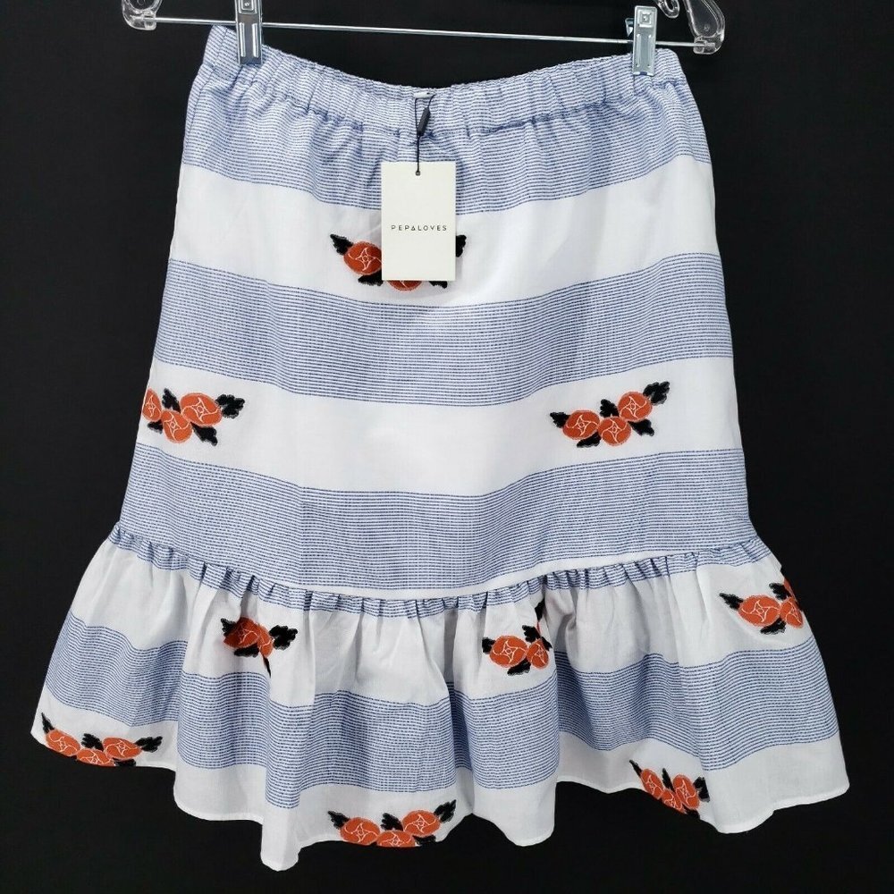 PEPALOVES Ruffle Skirt Striped Floral Elastic Waist Knee Length